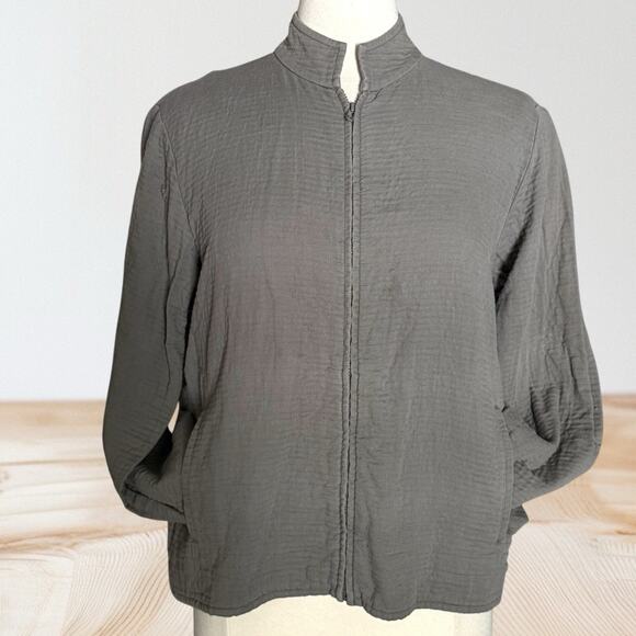 Eileen Fisher Gray Khaki Full Zip Jacket Size M Pockets Textured Cotton Short - Picture 1 of 8